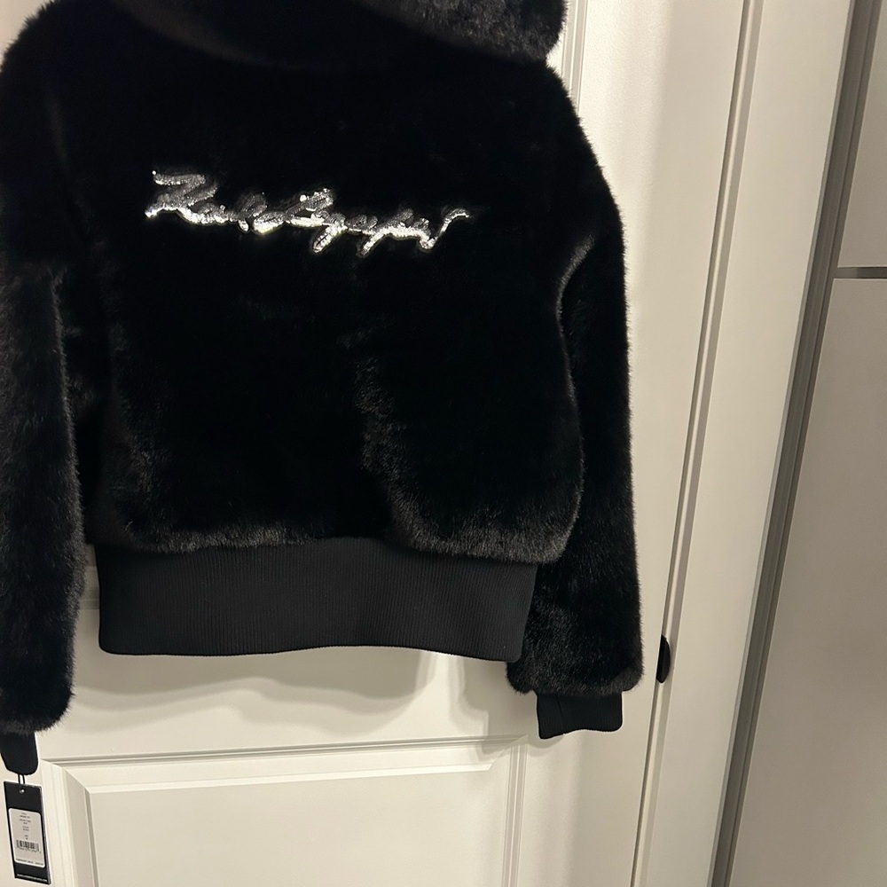Karl Lagerfeld Faux Fur Logo Patch Bomber Jacket - Picture 10 of 17